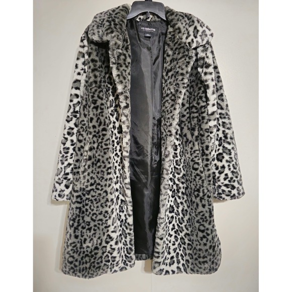 Liz Claiborne Faux Fur Leopard Print Long Button Front Coat Jacket Size M EUC